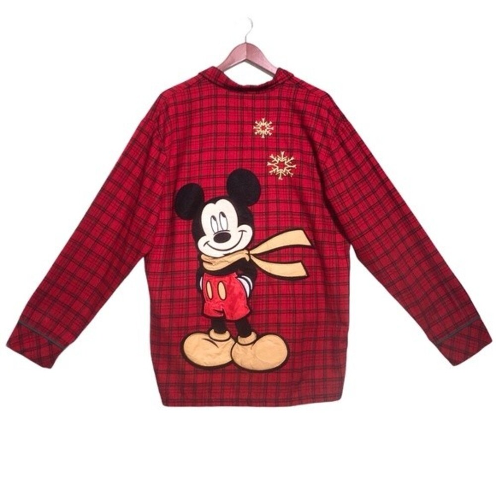 Disney Mens Long Sleeve Mickey Mouse Red Plaid Flannel Button Front Pajama Shirt